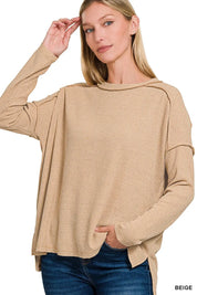 BEIGE Zenana Ribbed Drop Shoulder Round Neck Sweater | Sweaters Daverri Fashions