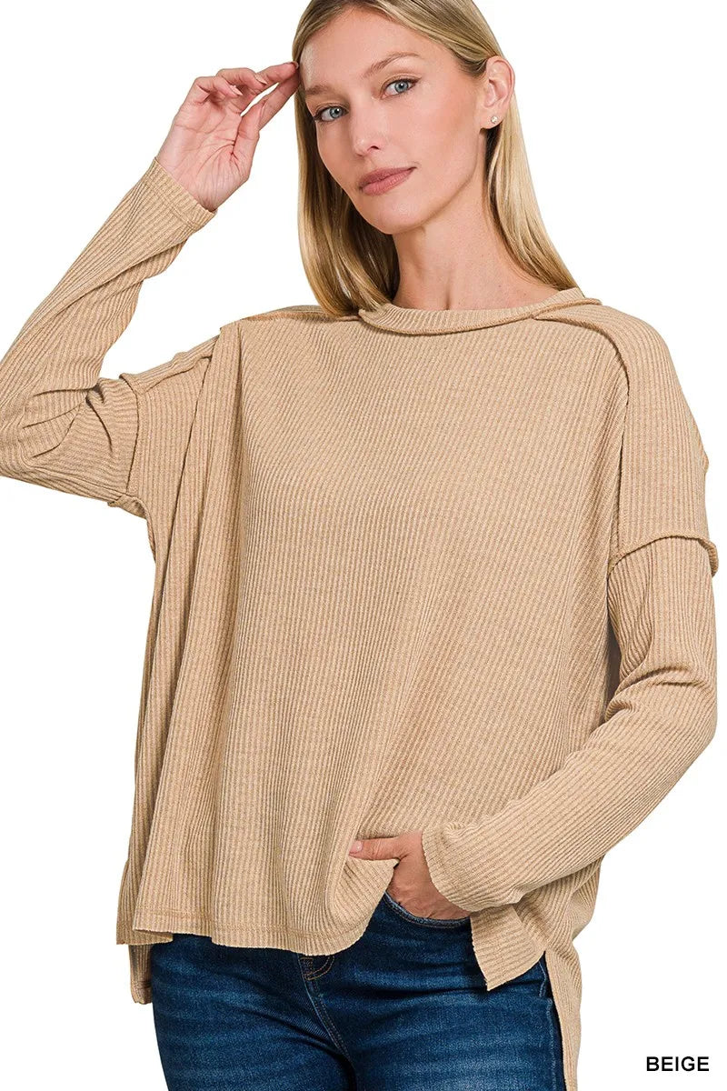 BEIGE Zenana Ribbed Drop Shoulder Round Neck Sweater | Sweaters Daverri Fashions