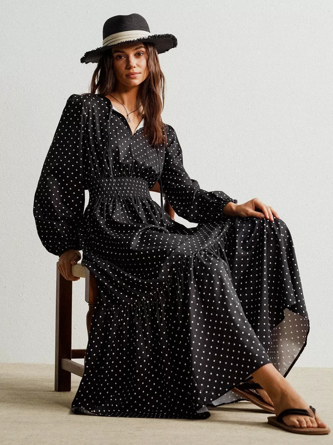 Daverri Fashions Polka Dot Long Sleeve Maxi Dress - DAVERRI FASHIONS