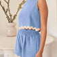 Daverri Fashions light blue sleeveless top and shorts set with cream scalloped trim