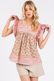 Mittoshop Floral Notched Ruffled Cap Sleeve Blouse