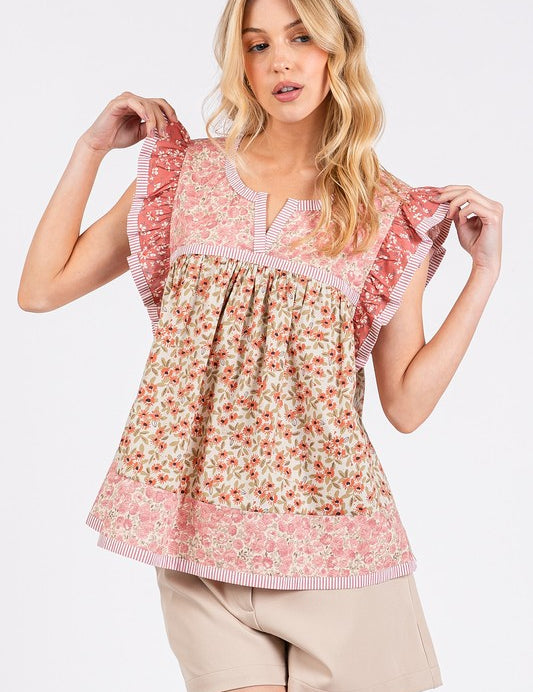 Mittoshop Floral Notched Ruffled Cap Sleeve Blouse