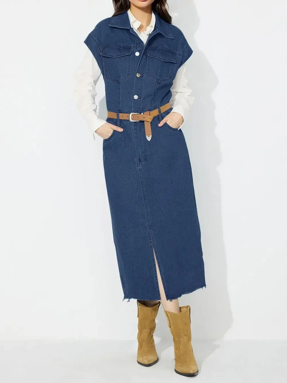 Slit Half Button Collared Neck Cap Sleeve Denim Dress - DAVERRI FASHIONS