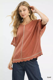 CLAY Umgee Linen Blend Scallop Trim Top | Tops Daverri Fashions