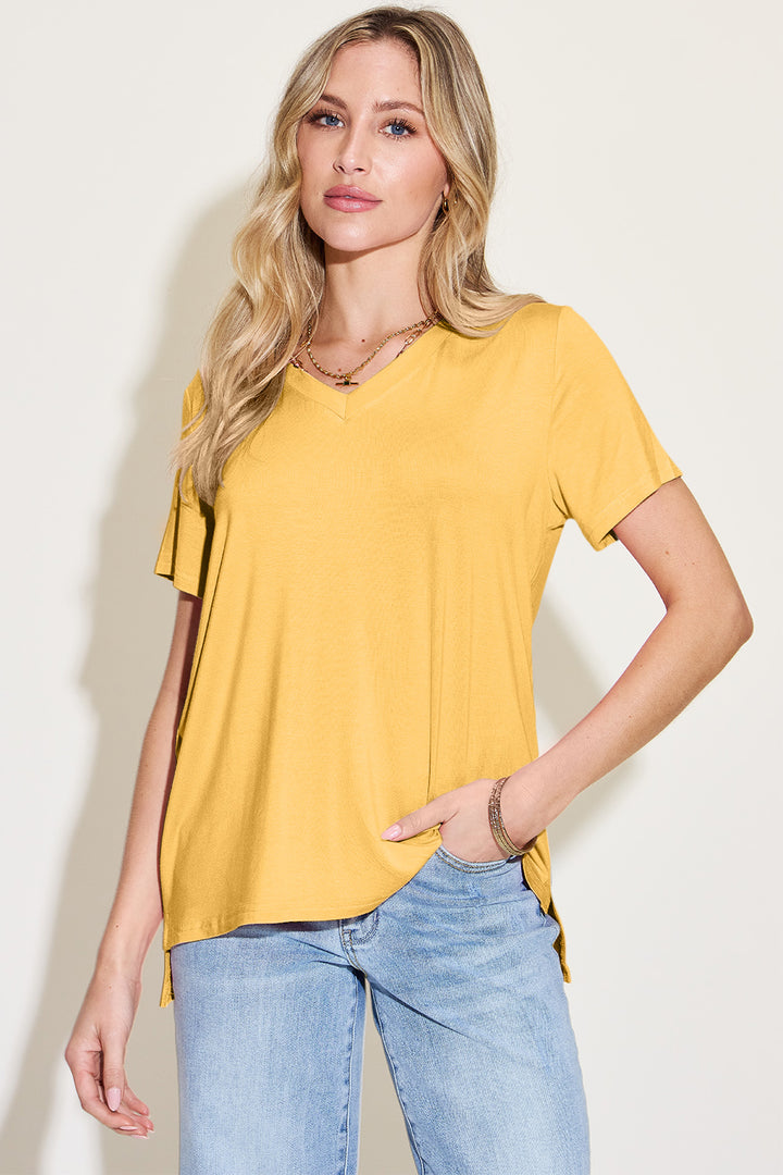 Bamboo Full Size V-Neck High-Low T-Shirt Yellow Tops