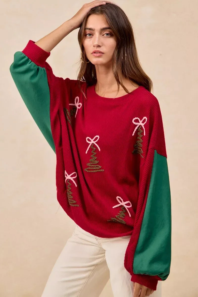BiBi Christmas Theme Tree Embroidered Sweater - DAVERRI FASHIONS