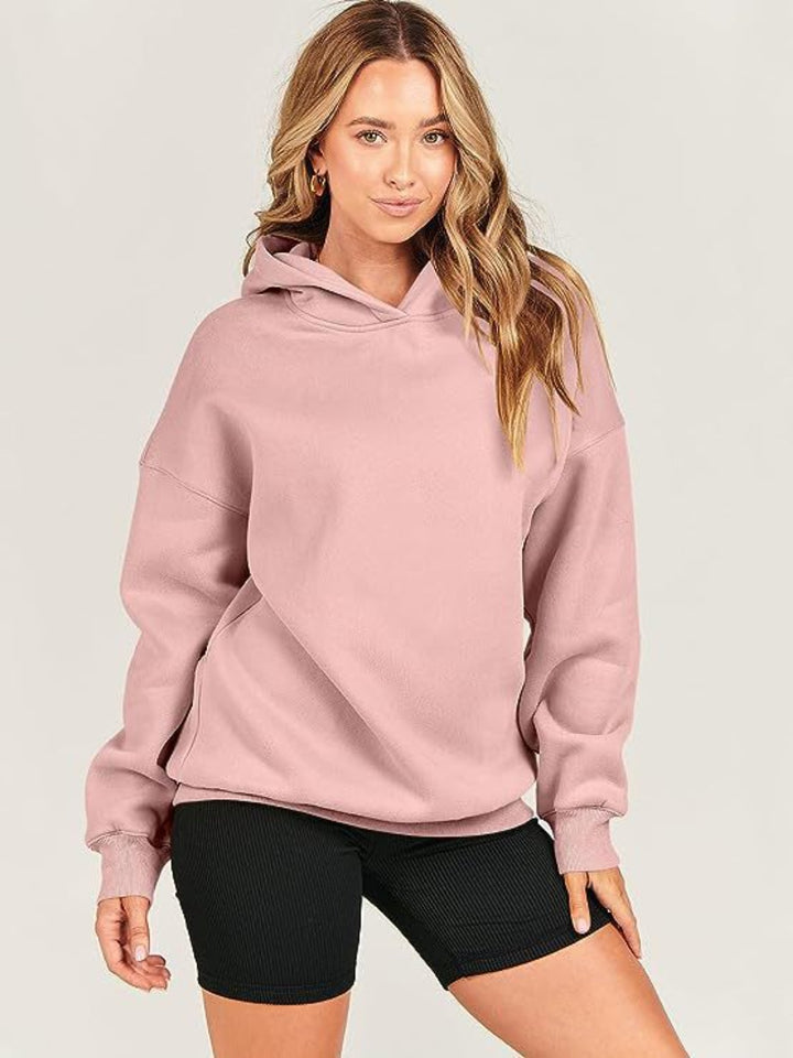 Dropped Shoulder Long Sleeve Hoodie Dusty Pink Tops