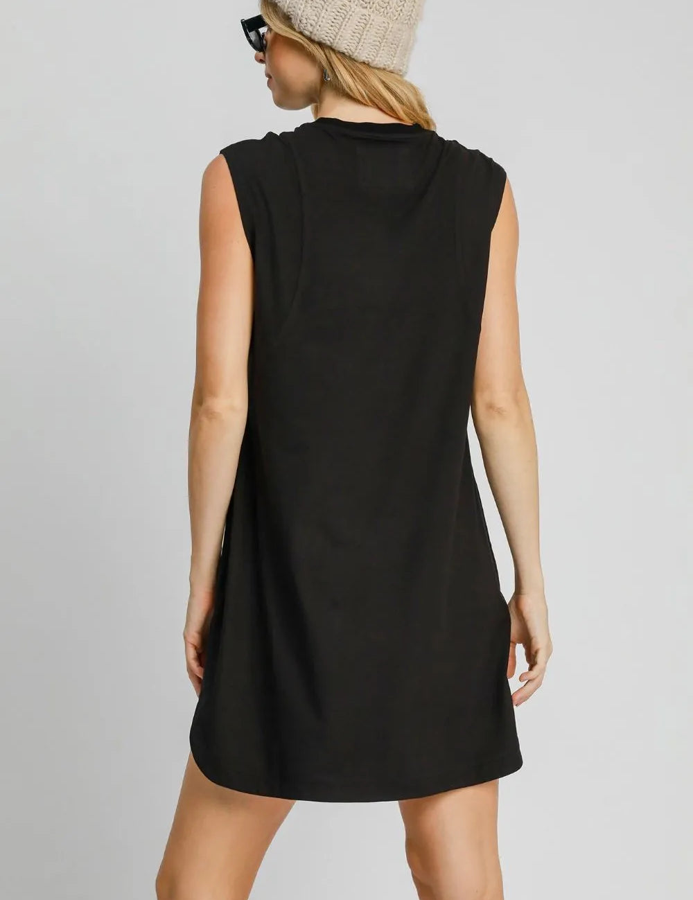 Umgee Round Neck Sleeveless High-Low Curved Hemline Mini Dress | Daverri Fashions