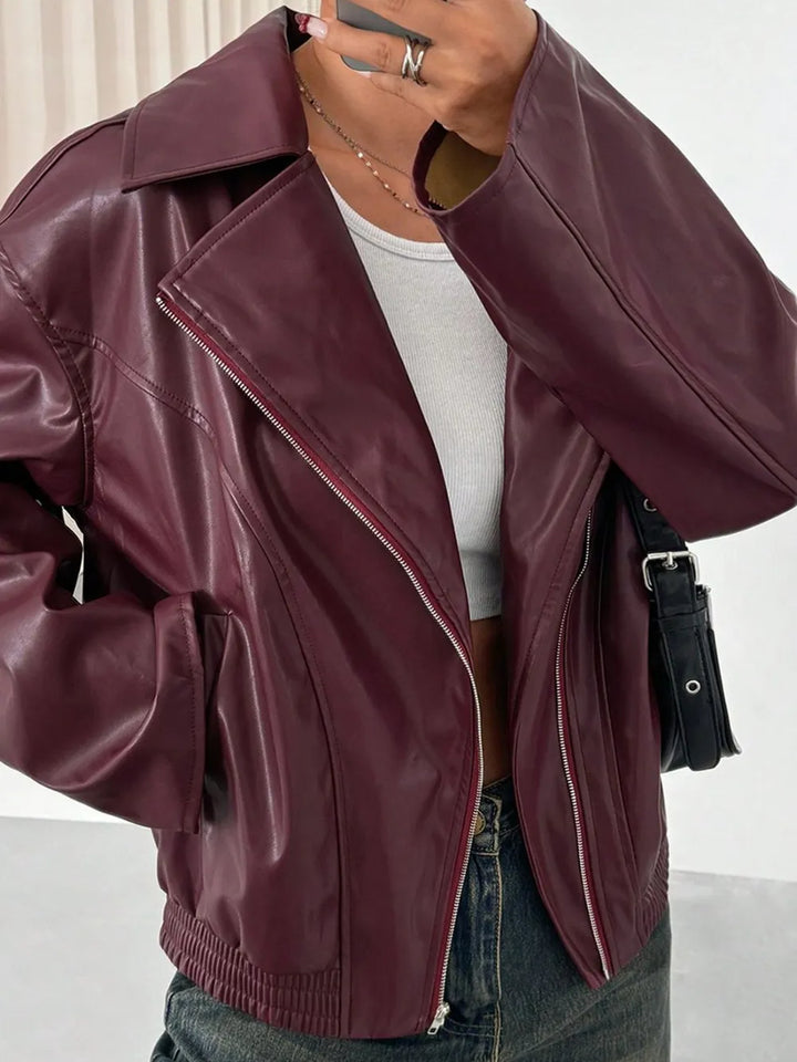 Zip Up Drop Shoulder Faux Leather Jacket | Jackets Daverri Fashions