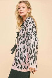 Davi & Dani Leopard Ribbon Tie Front Loose Fit Cardigan | Cardigans Daverri Fashions