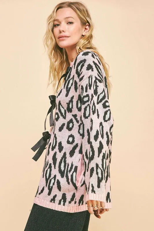 Davi & Dani Leopard Ribbon Tie Front Loose Fit Cardigan Cardigans