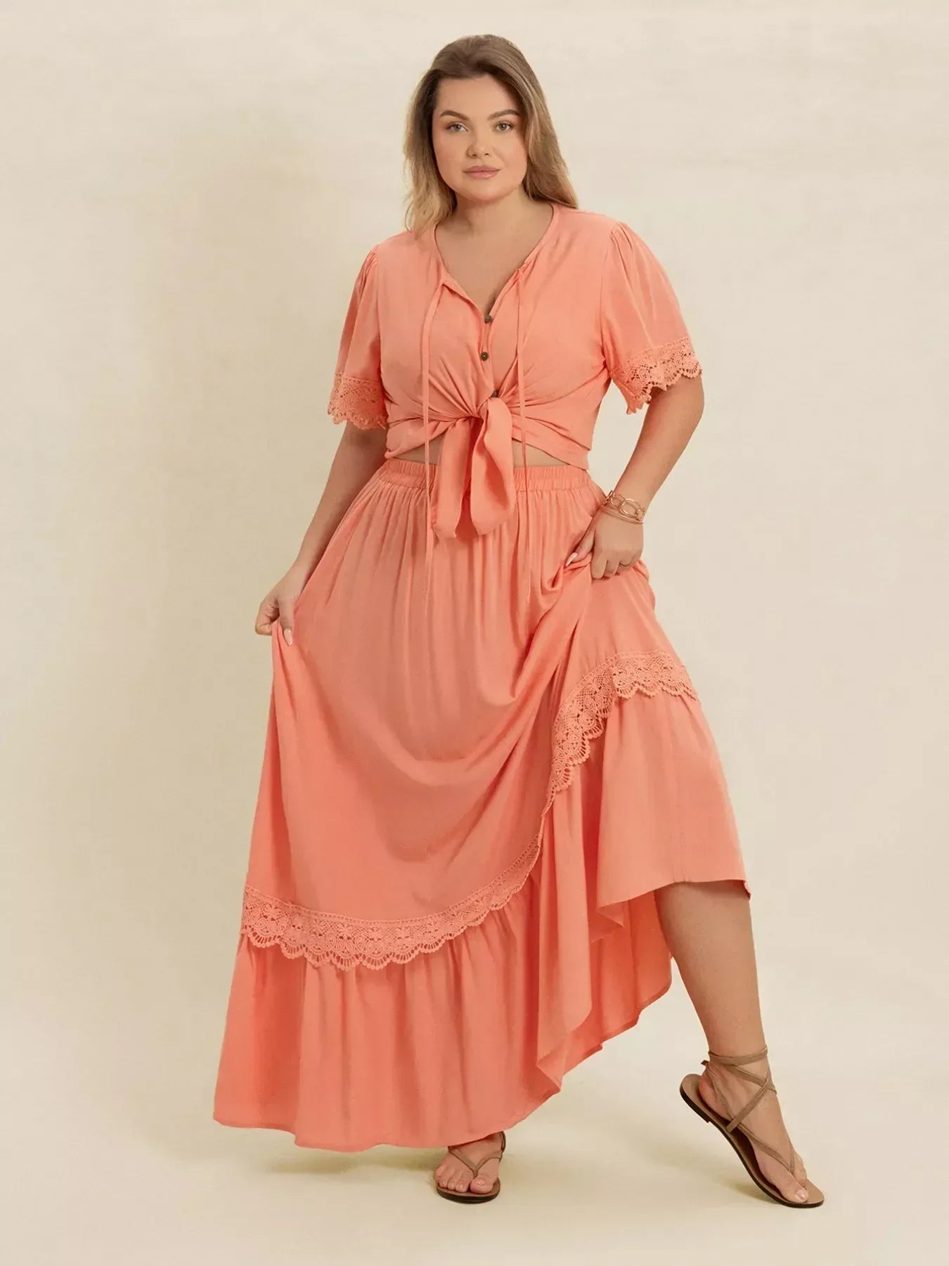 Plus Size Lace Detail Tie Neck Top and Skirt Set - DAVERRI FASHIONS