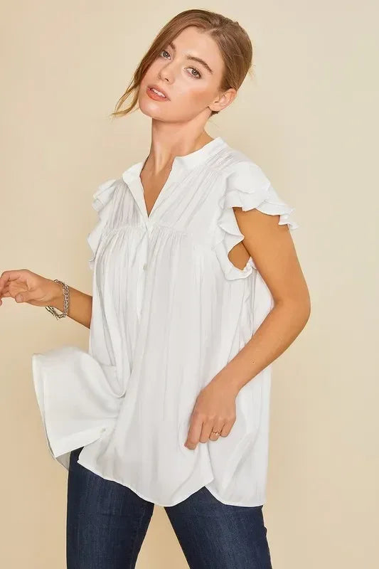 Annie Wear Ruffle Sleeve Shirred Flowy Woven Tunic Shirts - DAVERRI FASHIONS