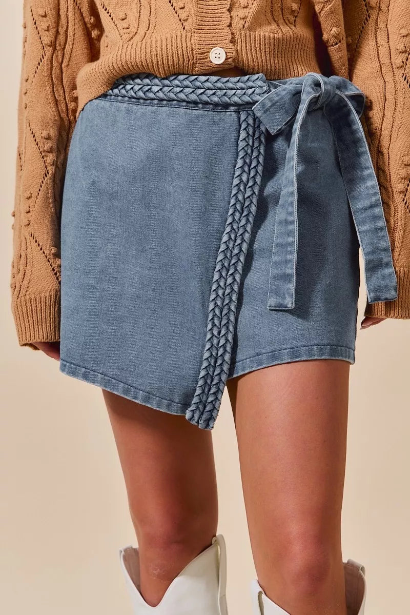 SO ME Wrap Braided Trimmed Denim Skort | Skorts Daverri Fashions