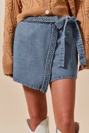 SO ME Wrap Braided Trimmed Denim Skort | Skorts Daverri Fashions