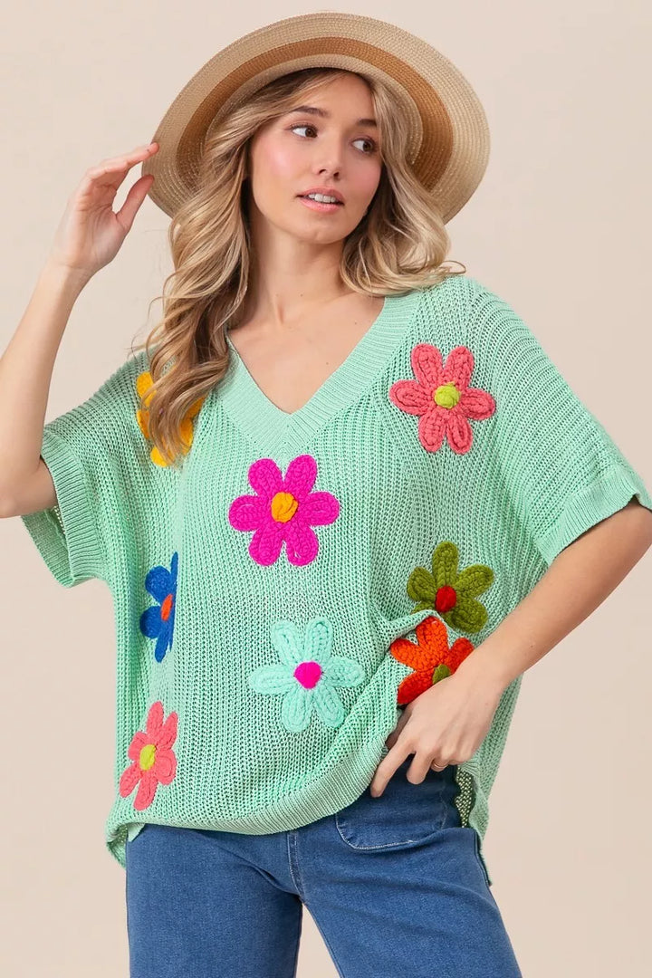 BiBi Flower Patches Dolman Sleeve Lightweight Sweater | Daverri Fashions