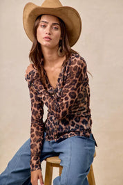 BiBi Leopard Printed Mesh Shirt With Button Up V Neck | Shirts Daverri Fashions