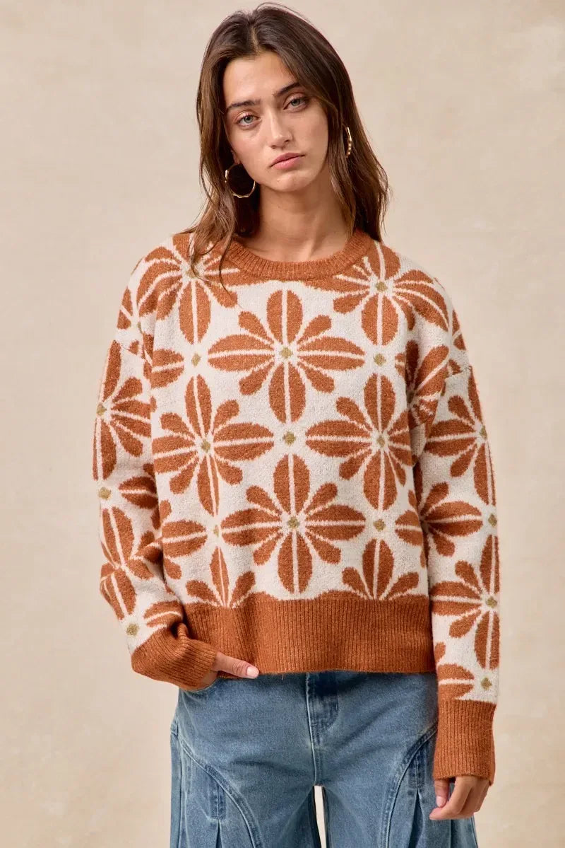 BiBi Flower Pattern Long Sleeve Sweater - DAVERRI FASHIONS