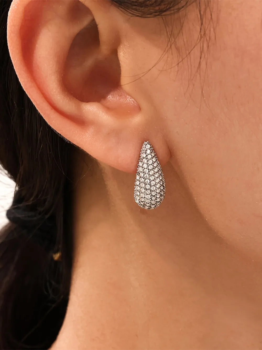 Silver One Size Stainless Steel Inlaid Zircon Teardrop Earrings | Earrings Daverri Fashions