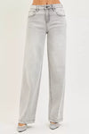 Light gray high-waist RISEN slouchy baggy wide-leg jeans with rolled cuffs