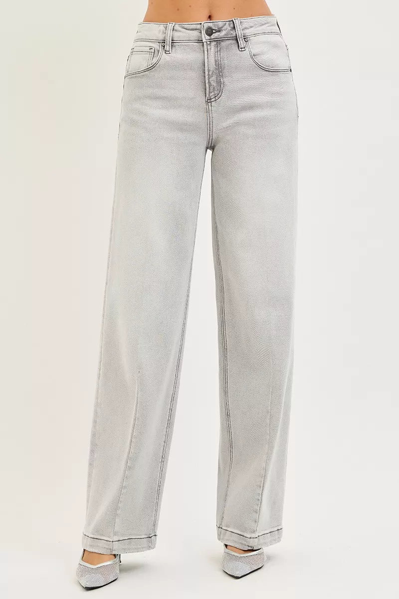 Light gray high-waist RISEN slouchy baggy wide-leg jeans with rolled cuffs