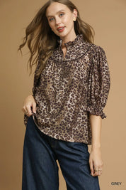 GREY M Umgee Leopard Print Ruffle Neck Blouse | Blouses Daverri Fashions