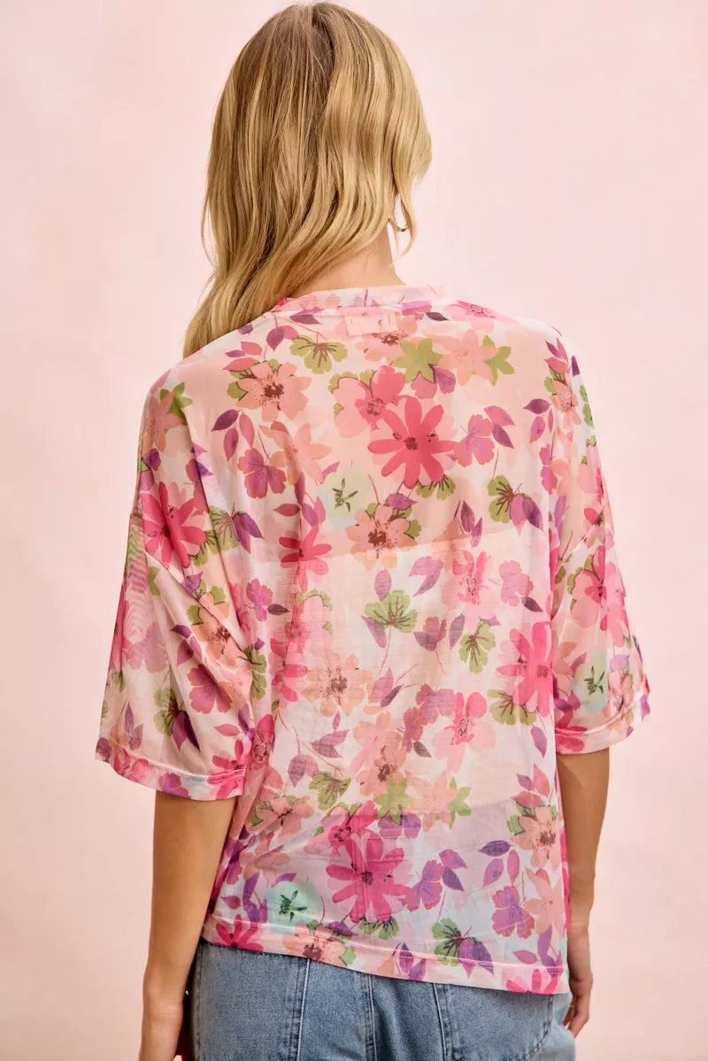 BiBi soft pink floral print blouse with three-quarter sleeves