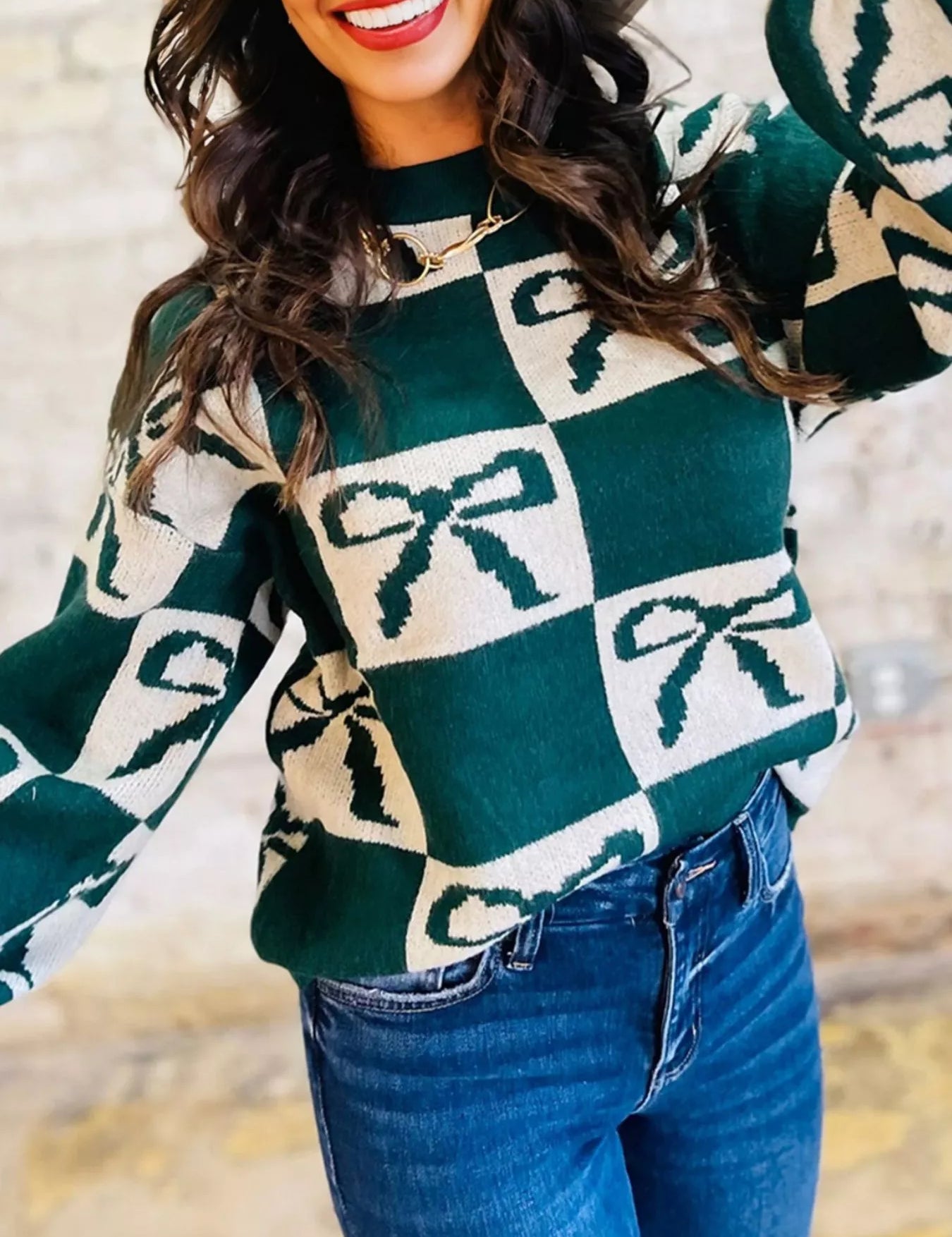 Dark Green Checkered Bow Round Neck Casual Sweater | Sweaters Daverri Fashions