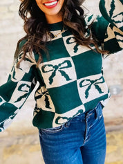 Dark Green Checkered Bow Round Neck Casual Sweater | Sweaters Daverri Fashions