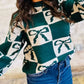 Checkered Bow Round Neck Casual Sweater - DAVERRI FASHIONS