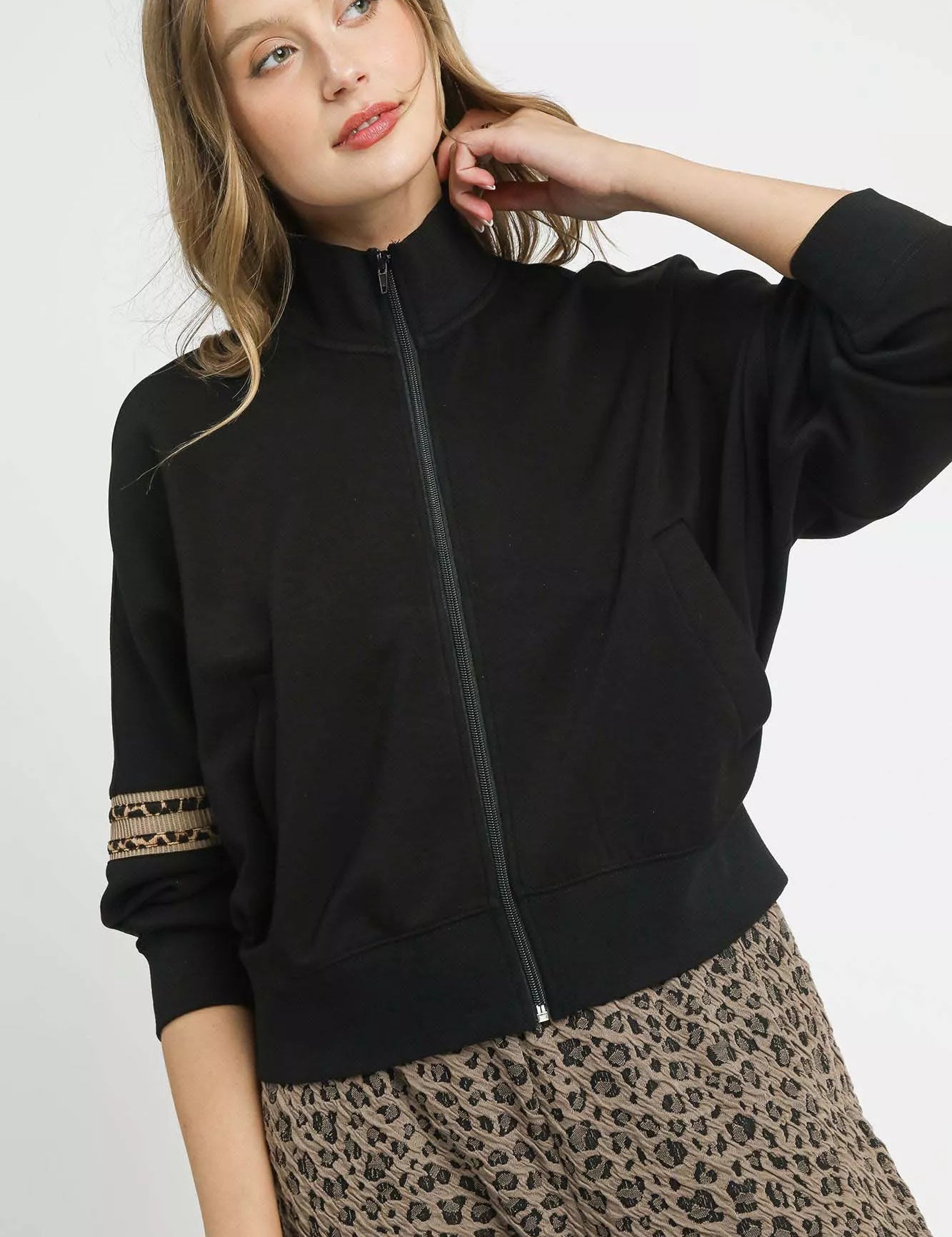 Umgee Zipper Up Cropped Jacket with Leopard Trim | Jackets Daverri Fashions