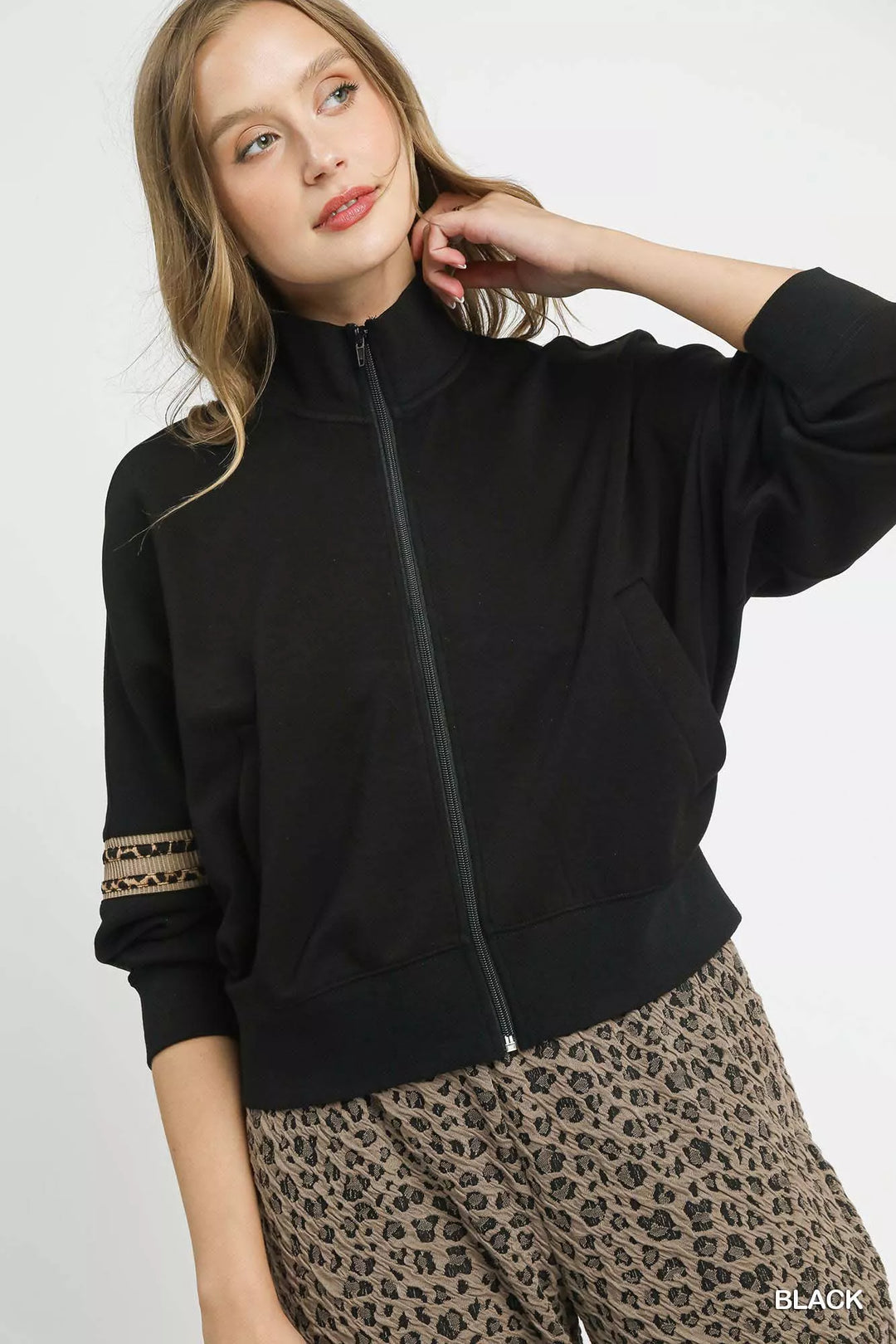 Umgee Zipper Up Cropped Jacket with Leopard Trim | Jackets Daverri Fashions