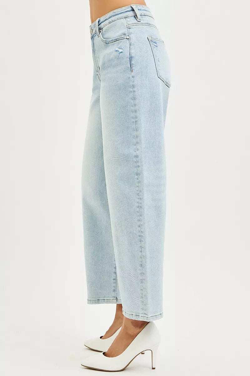 RISEN High Rise Crop Barrel Jeans in light-wash wide-leg denim with distressed back pocket