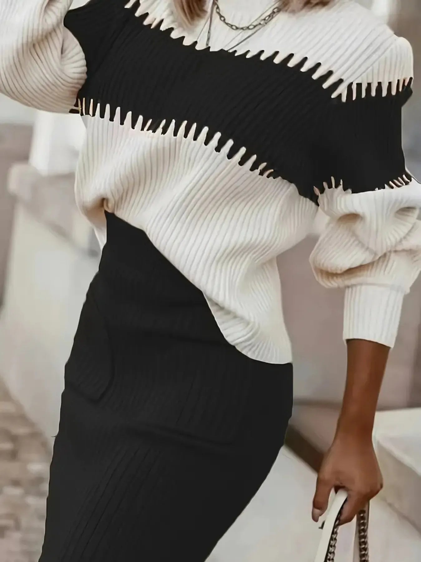Two-Tone Ribbed Knit Top and Skirt Sweater Set | Outfit Sets Daverri Fashions