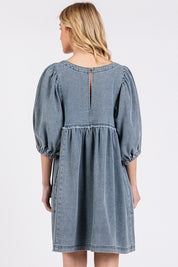 Mittoshop Washed Round Neck Puff Sleeve Denim Dress