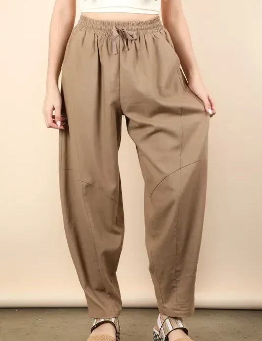 VERY J Solid Barrel Comfy Woven Pants - DAVERRI FASHIONS
