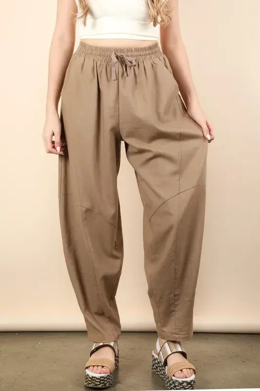 VERY J Solid Barrel Comfy Woven Pants - DAVERRI FASHIONS