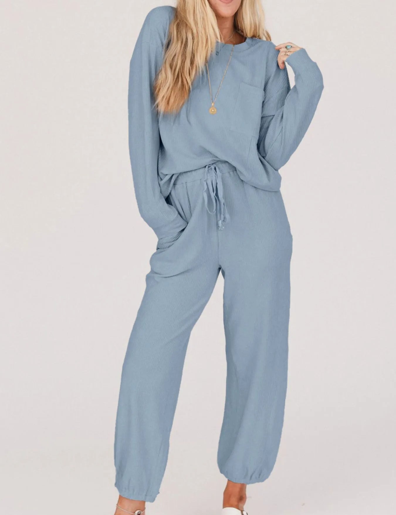 Ribbed Round Neck Sweatshirt and Drawstring Pants Set | Loungewear Sets Daverri Fashions