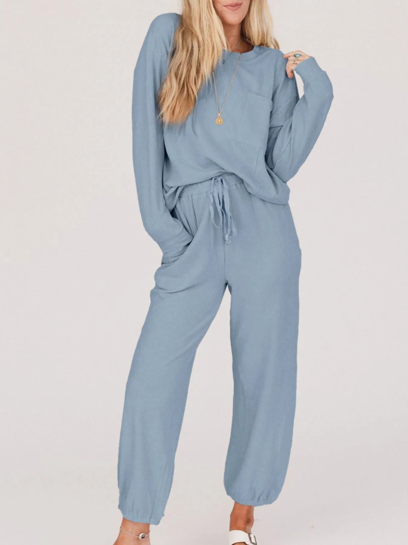 Ribbed Round Neck Sweatshirt and Drawstring Pants Set | Loungewear Sets Daverri Fashions