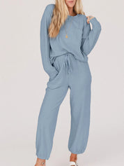 Ribbed Round Neck Sweatshirt and Drawstring Pants Set | Loungewear Sets Daverri Fashions