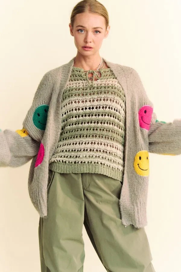 Davi & Dani Fuzzy Smile Open Front Long Sleeve Cardigan | Cardigans Daverri Fashions