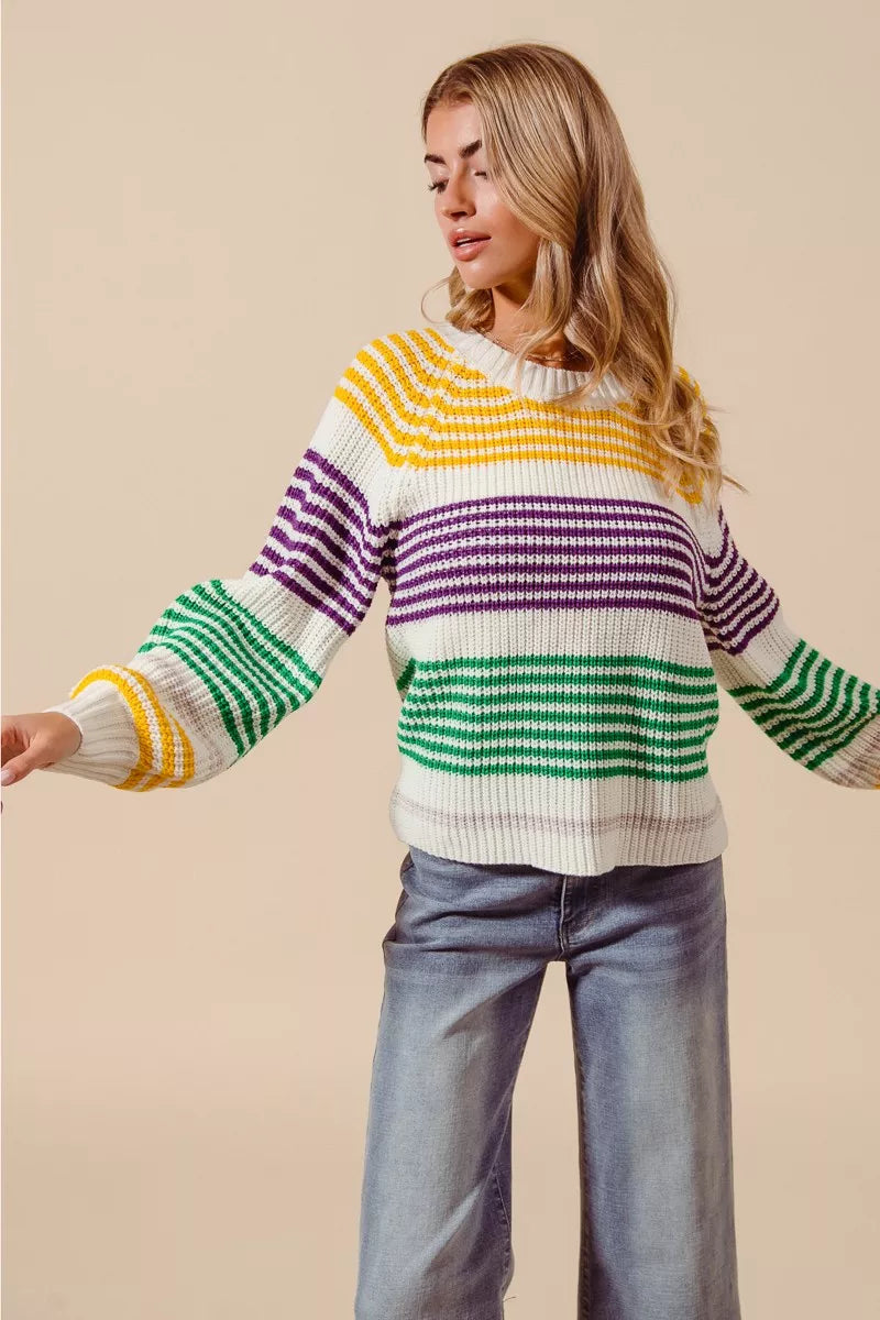 SO ME Mardi Gras striped raglan sweater in yellow, purple, green, white
