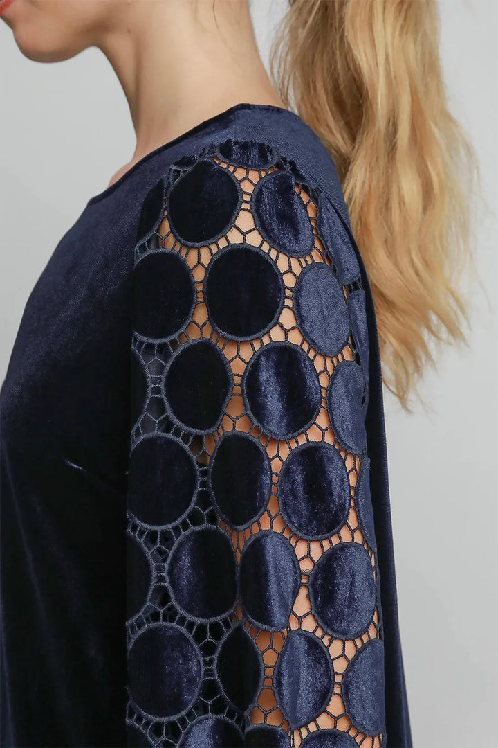 Umgee Polka Dot Lace Long Sleeve Round Neck Blouse | Blouses Daverri Fashions