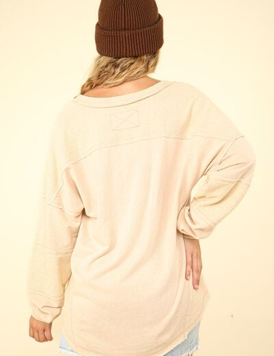 VERY J Washed V-Neck Exposed Seam Knit Top Tops