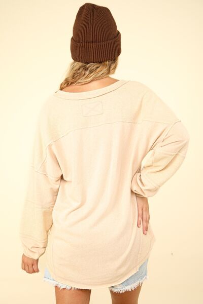 VERY J Washed V-Neck Exposed Seam Knit Top Tops