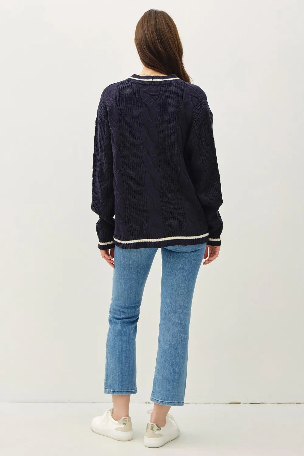 Be Cool Contrast Trim Cable-Knit V-Neck Cardigan Cardigans