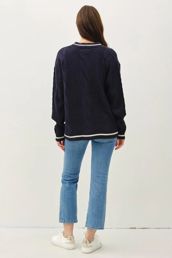 Be Cool Contrast Trim Cable-Knit V-Neck Cardigan Cardigans