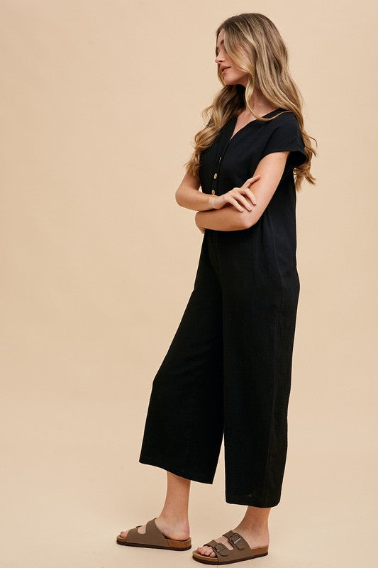 Annie Wear Button Detail Wide Leg Jumpsuit with Pockets Jumpsuits