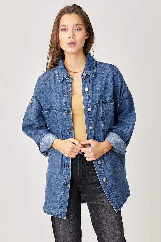 RISEN Button Up Drop Shoulder Denim Shacket Shackets