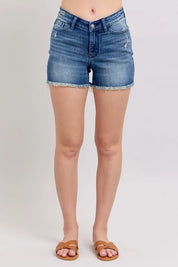 MD 2XL Judy Blue Full Size V-Front Denim Shorts with Shield Pockets Plus Size | Daverri Fashions